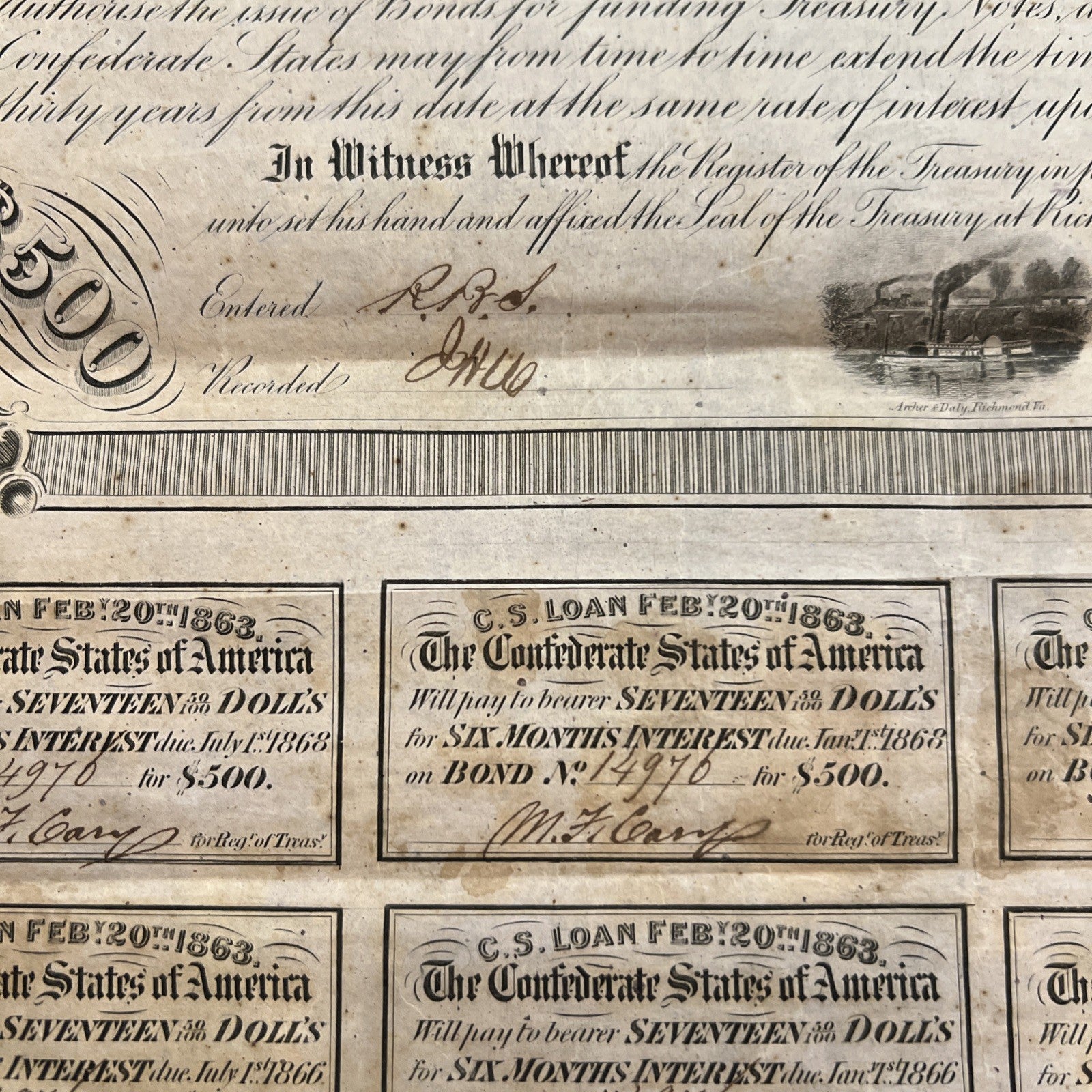 Confederate States Of America Bond $500