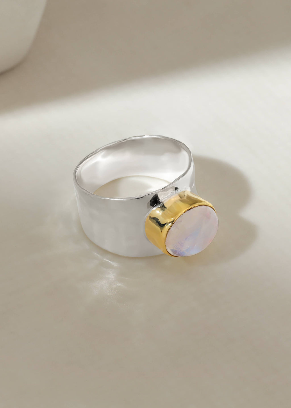 Silver Plated Rainbow Moonstone Statement Textured Ring: 7