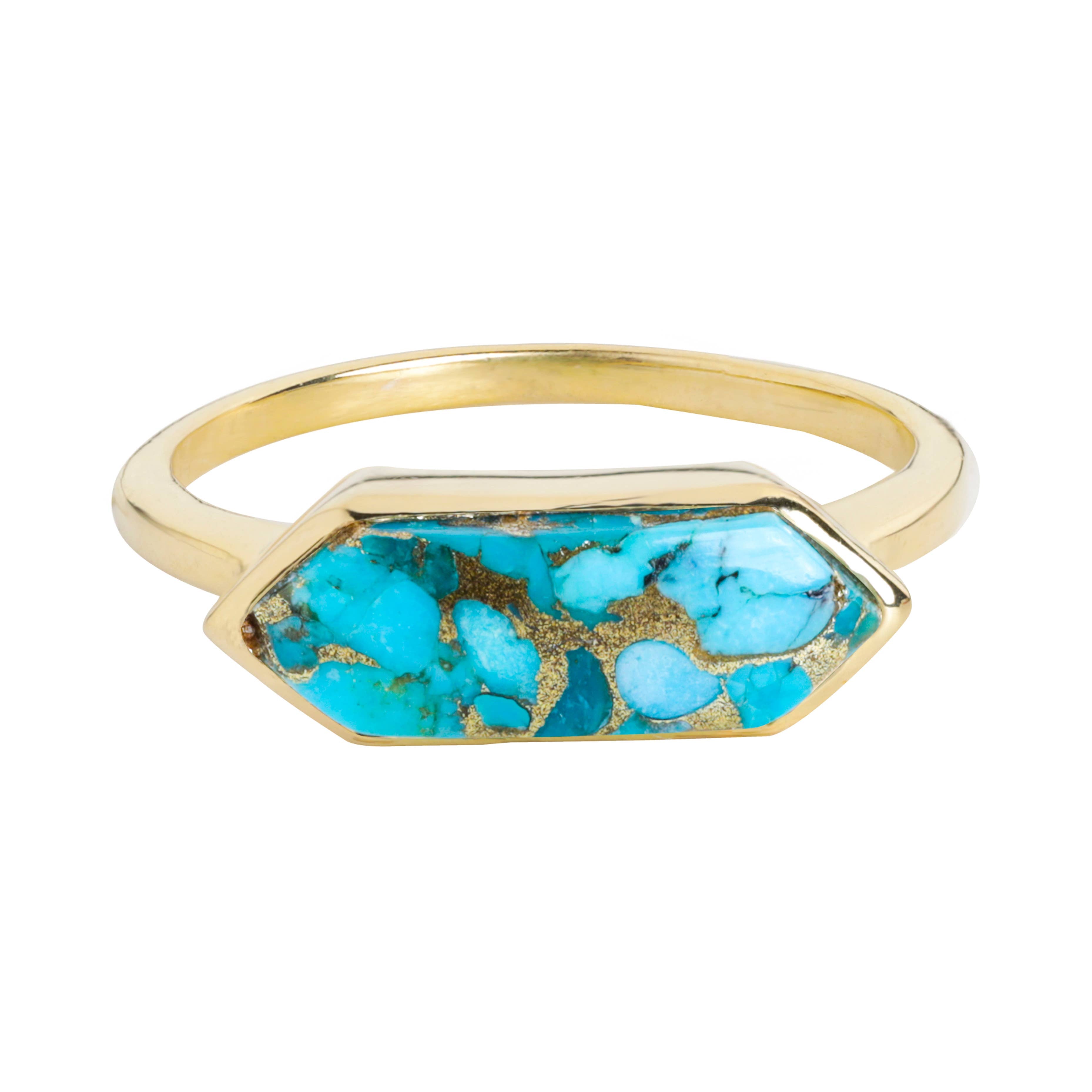 Gold Plated Over Silver Blue Copper Turquoise HexaGlow Ring: 8