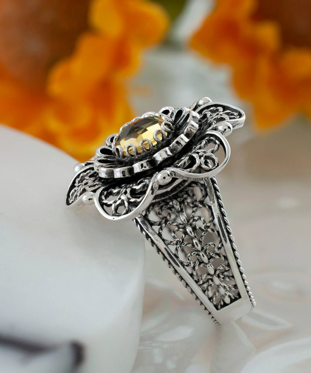 Art Citrine Gemstone Flower Women Silver Ring: 7