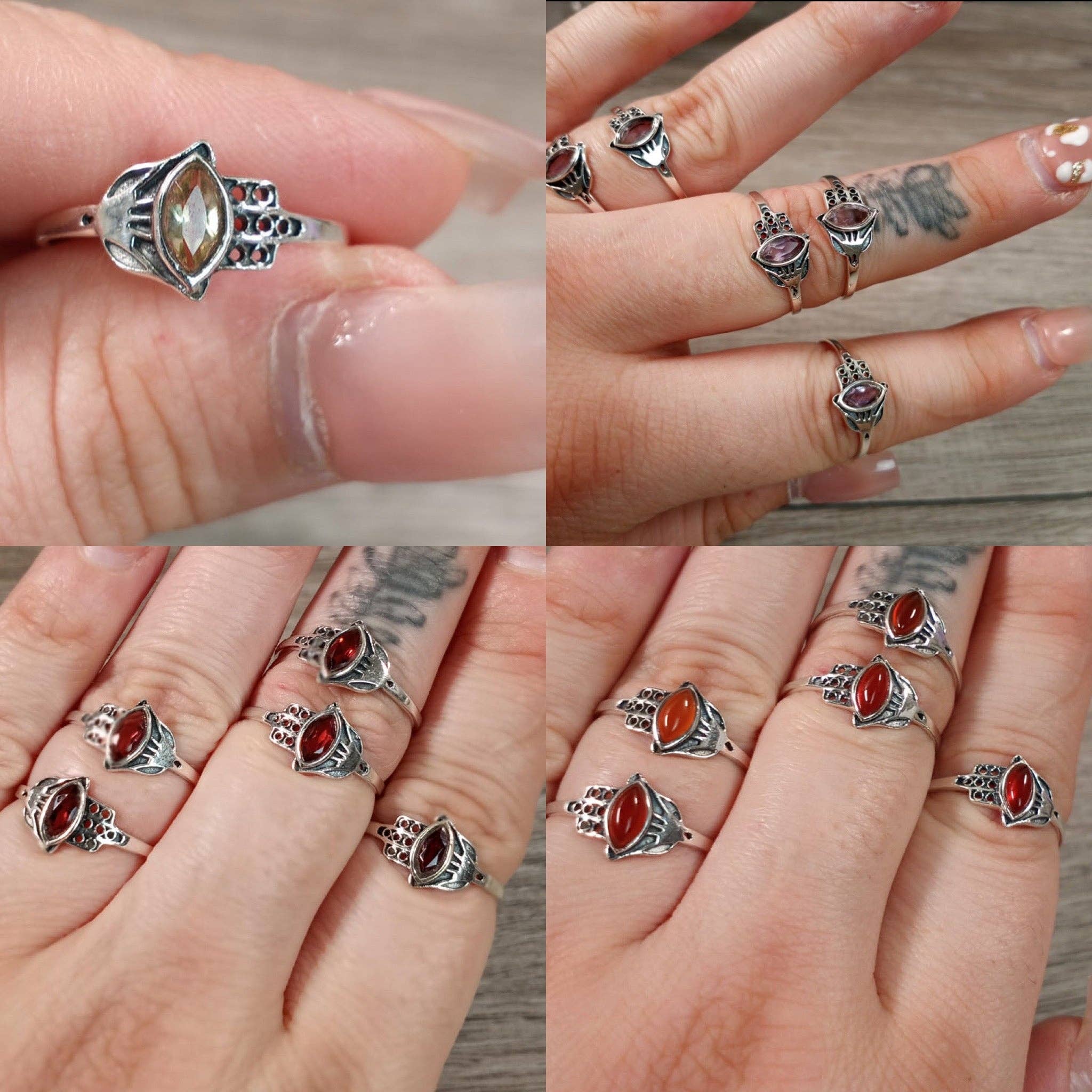 Sterling Silver Ring Hamsa Hand Boho: Citrine / 8
