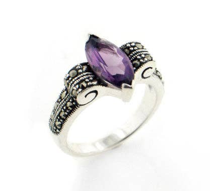 Genuine Marquise Amethyst and Marcasite Sterling Silver Ring: 9