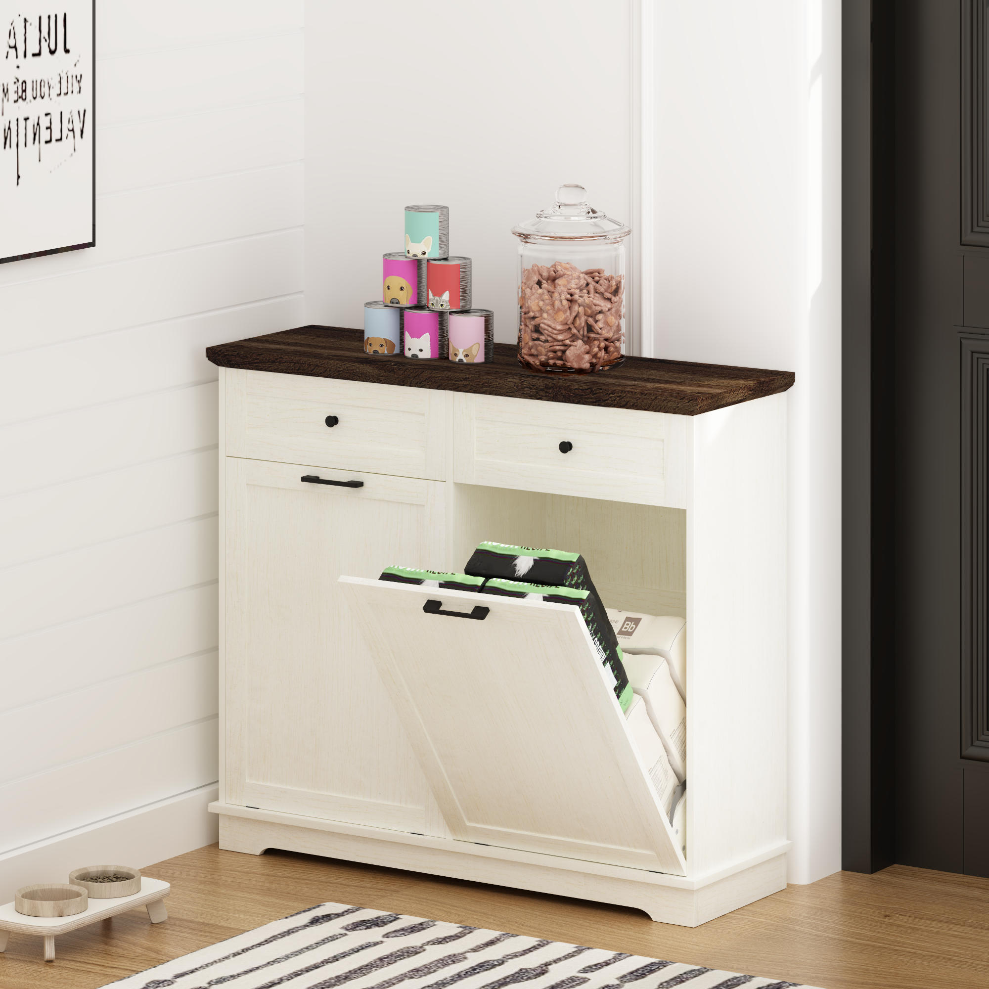 20 Gallon Double Tilt Out Trash Can Cabinet Freestanding Trash Bin Cabinet Wood Garbage Recycling Cabinet with Hideaway Drawer Pet Proof Trash Can Holder for Kitchen Living Room, Antique White: Default