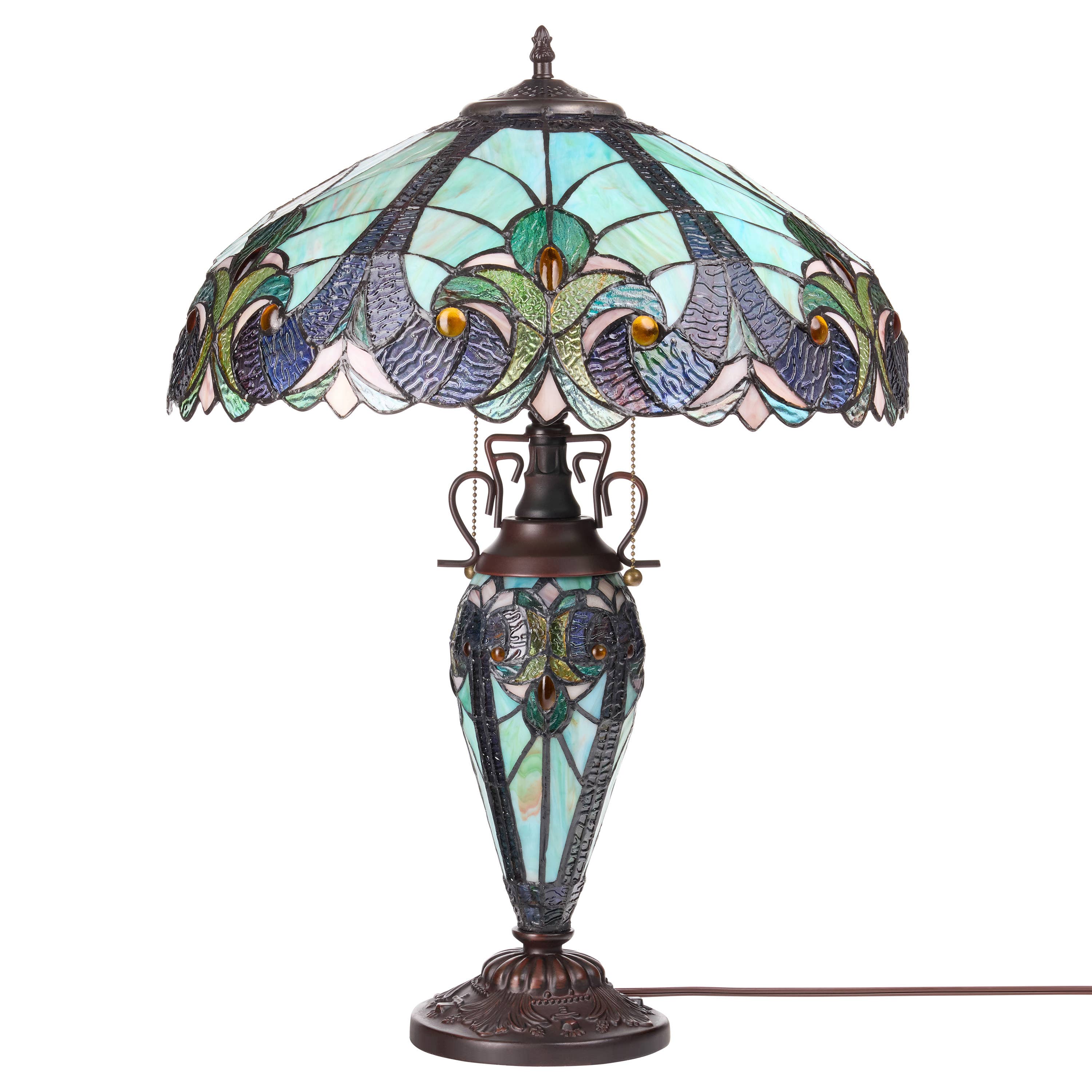 24.5"H Double Lit Teal Bowl Shade Stained Glass Table Lamp
