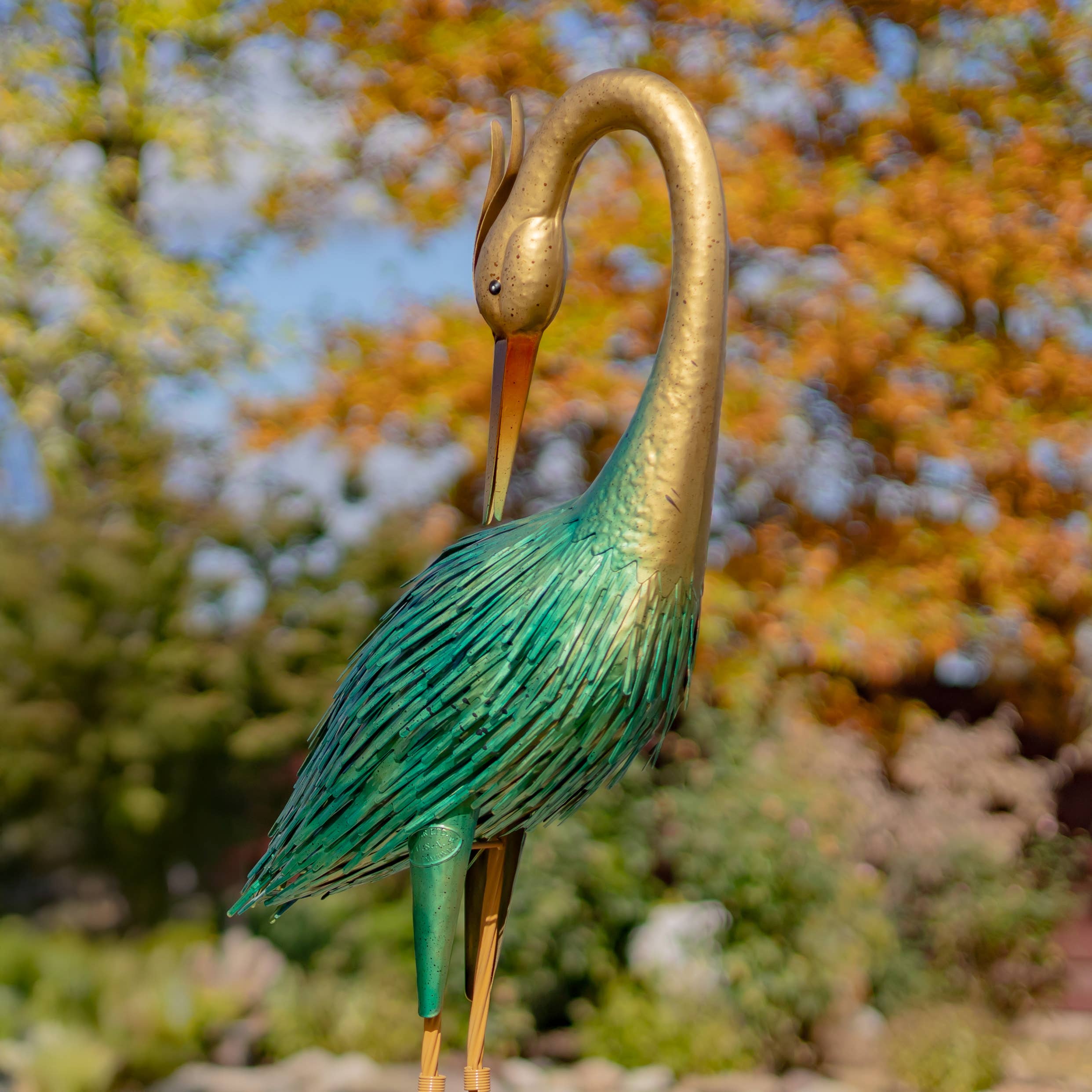 41" Tall Metallic Heron Garden Figurines with Gold Heads