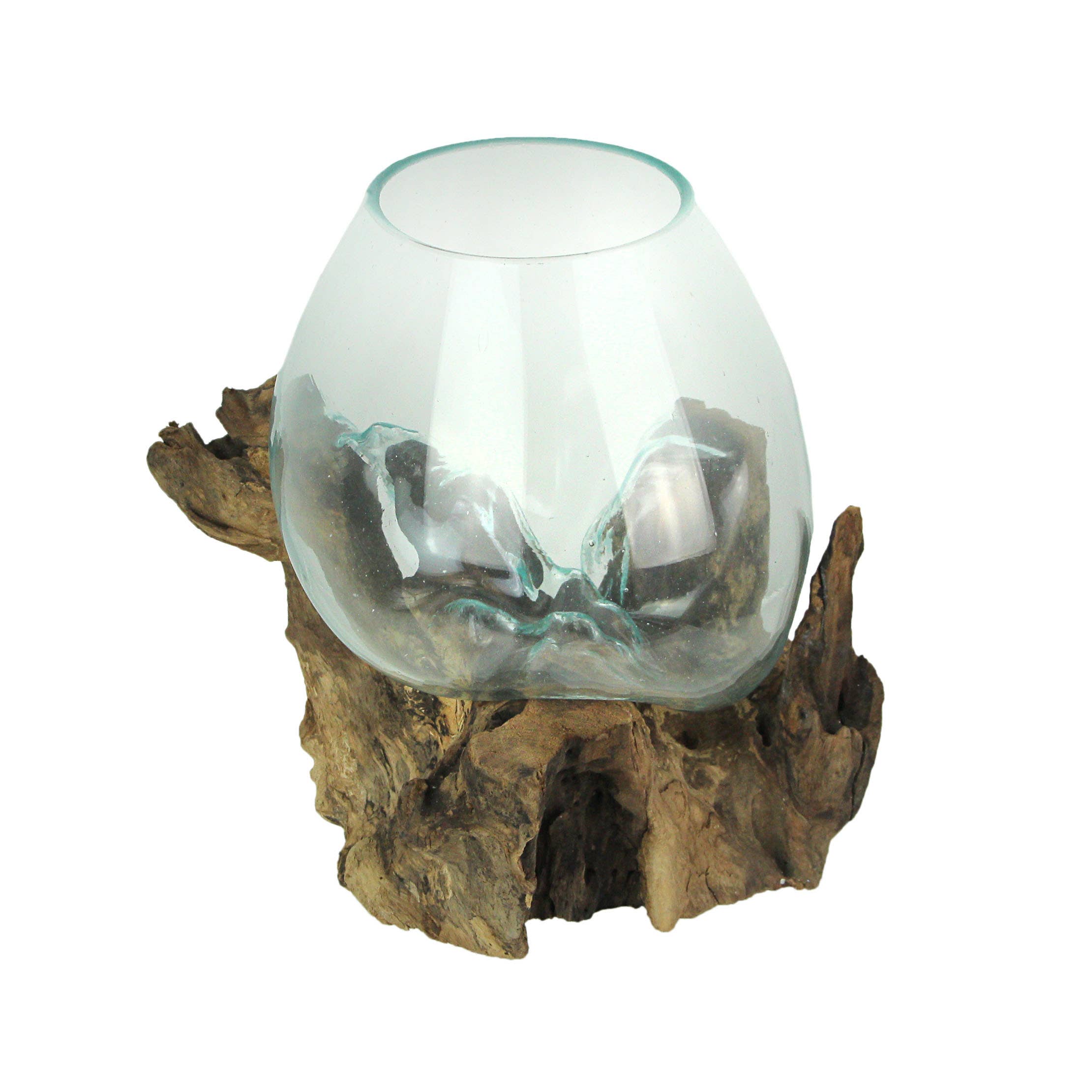 Large Molten Glass Bowl On Natural Driftwood Base