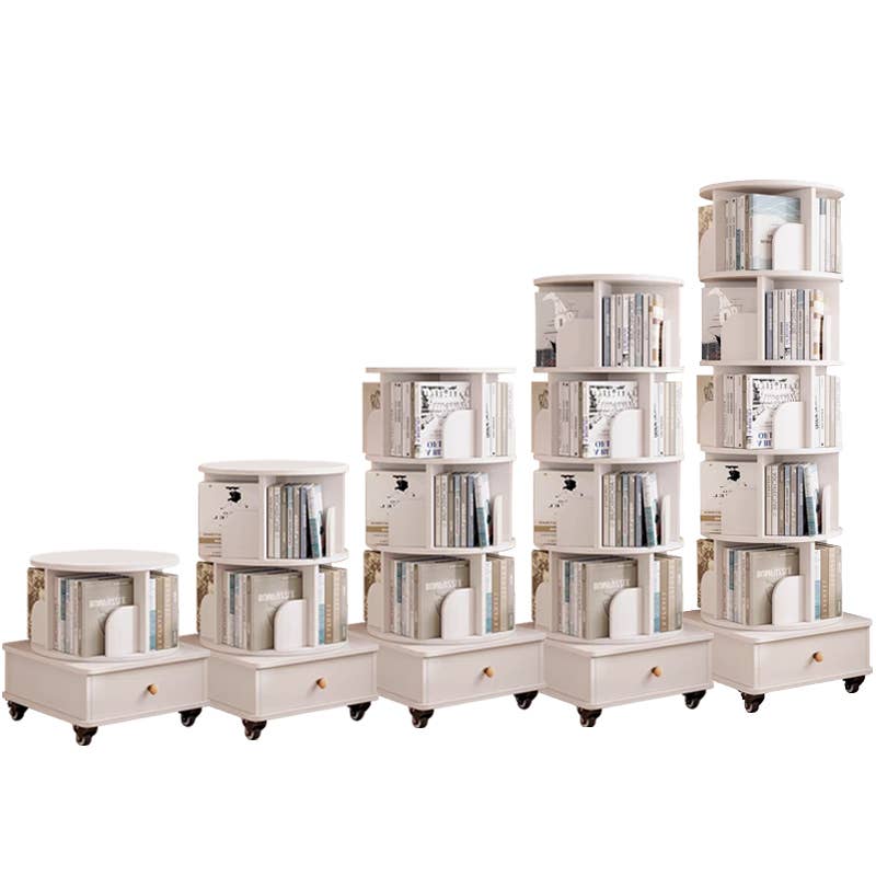 Rotating Wooden Bookcase with Storage Drawer,Swivel Design: White / 5-Tier