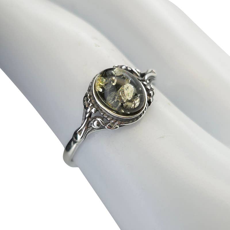 Green Amber Sterling Silver Ring: 9