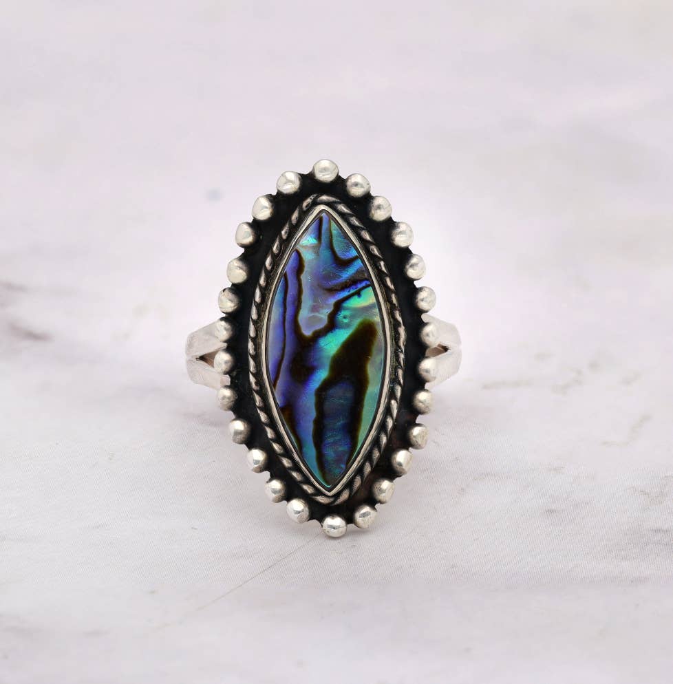925 Sterling Silver Marquise Abalone Shell Textured Ring: 9