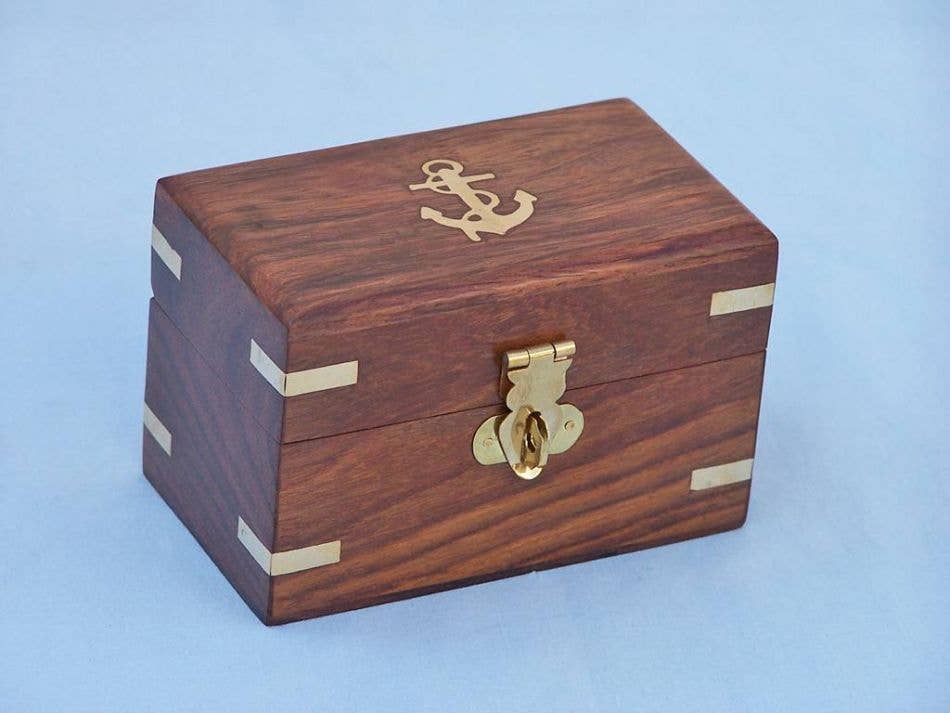 Antique Brass Anchor Shot Glasses With Rosewood Box 4" - Set