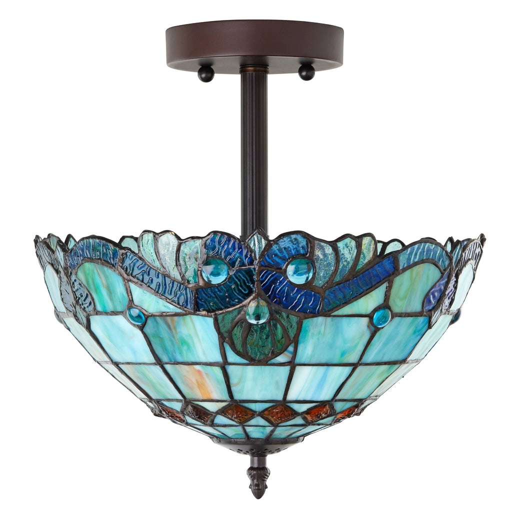 13"H Amelia Blue and Amber Stained Glass Shade Ceiling Light