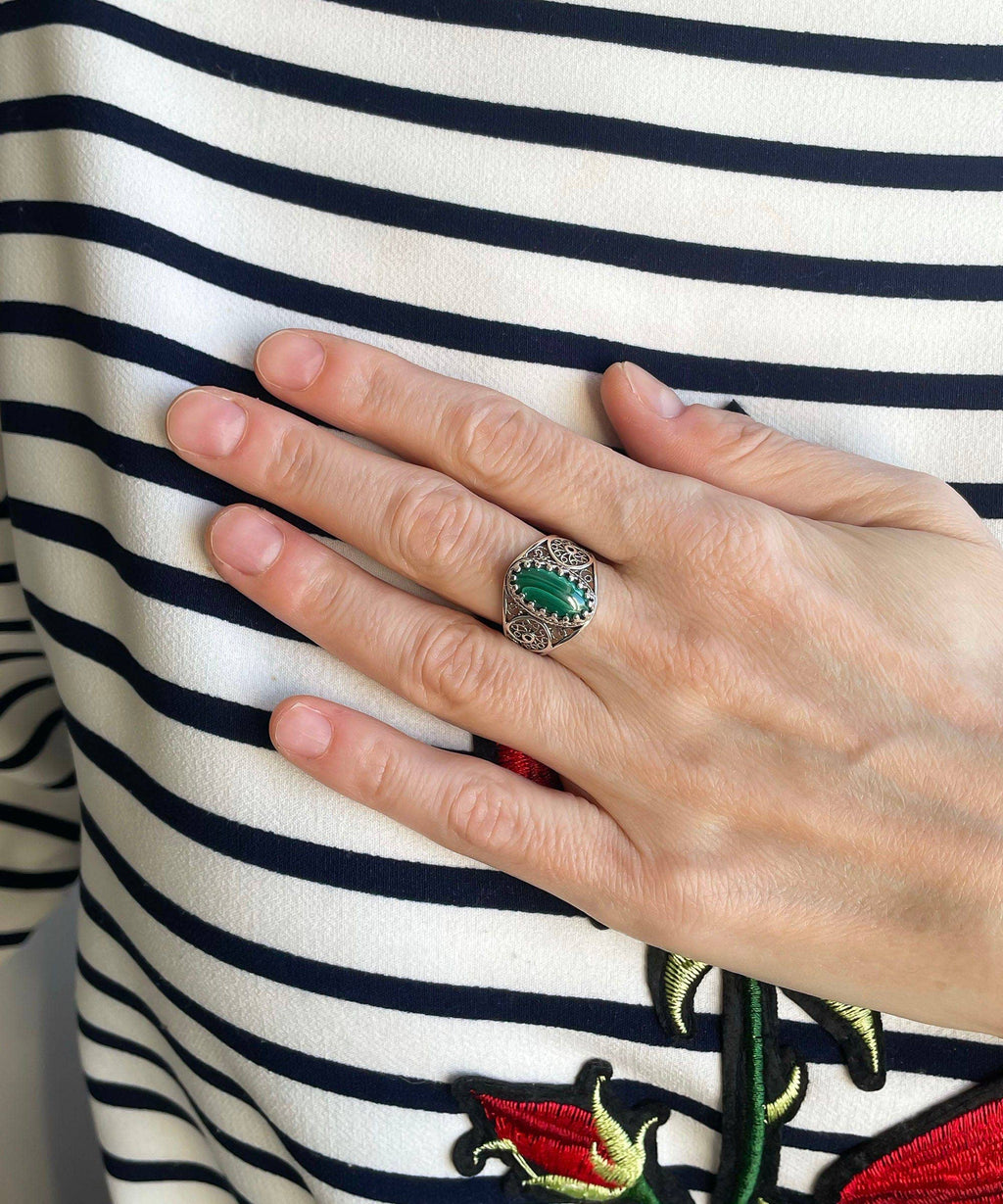 Art Malachite Gemstone Women Silver Ring: Malachite / 8