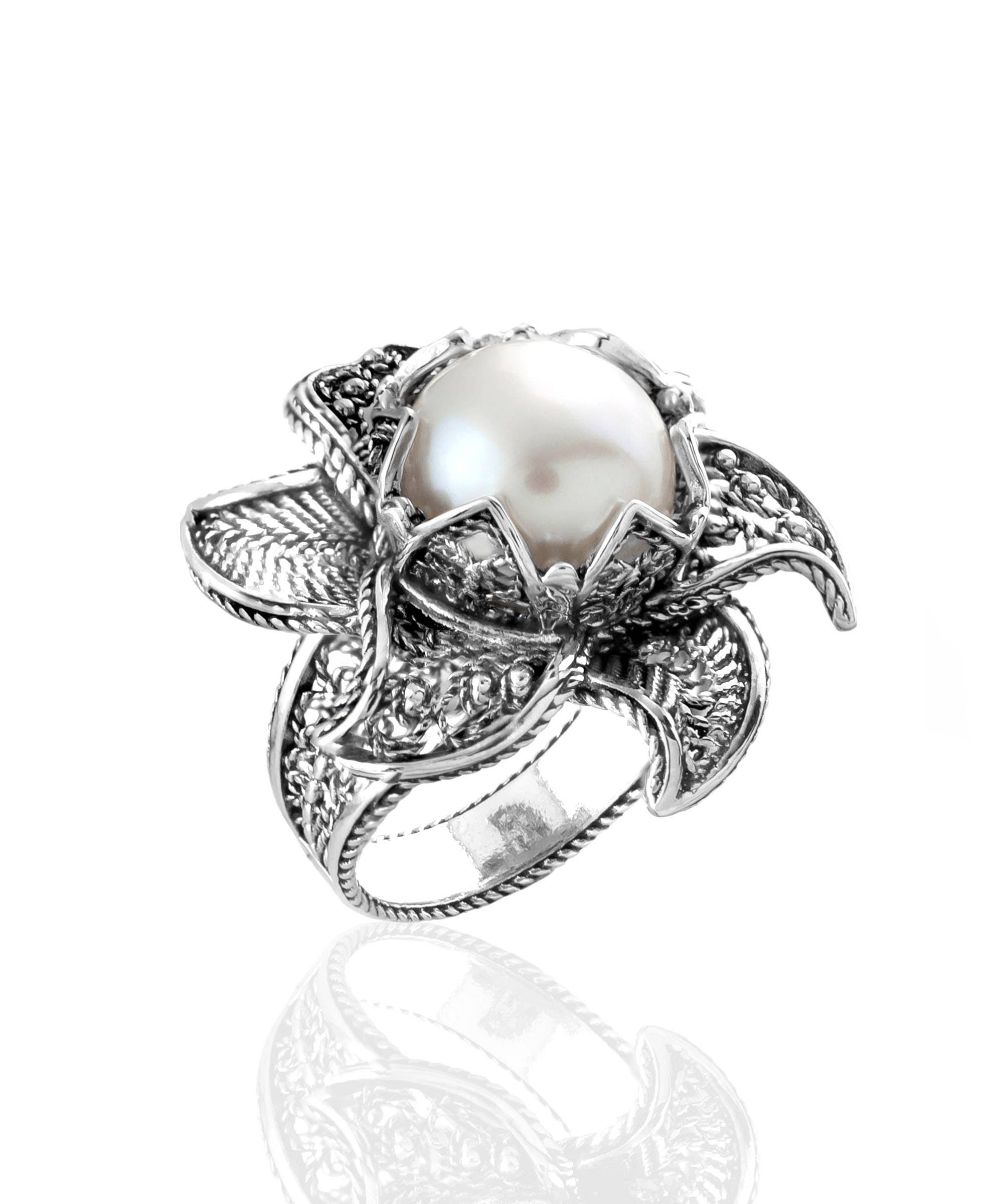 Art Lotus Flower Fresh Water Pearl Women Silver Ring: 8