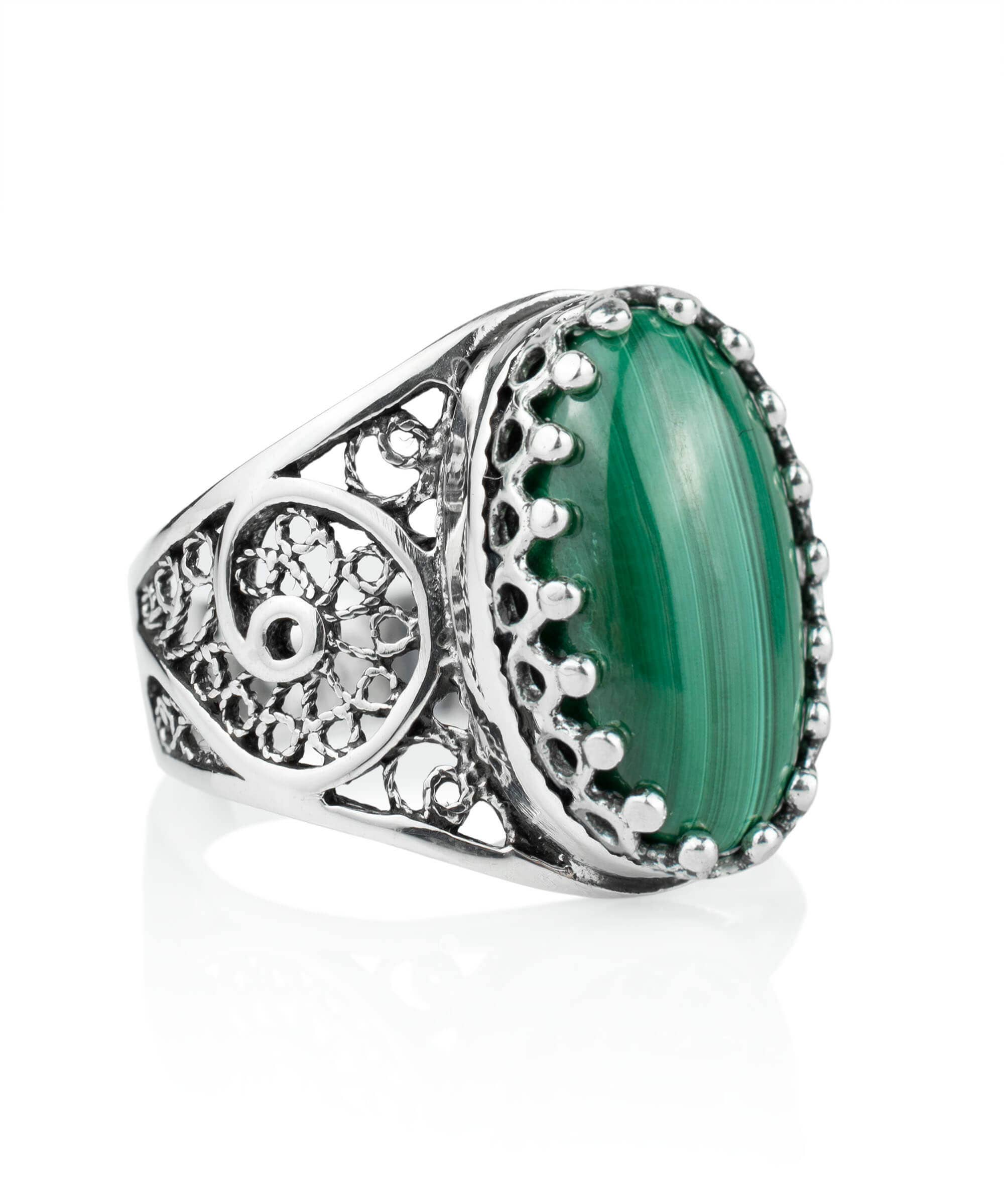 Art Malachite Gemstone Women Silver Ring: Malachite / 8