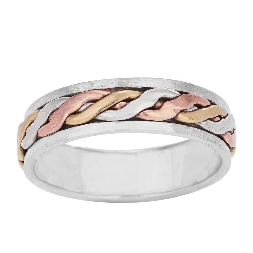 Twisted Braid Sterling Silver, Brass, Copper Men's Spin Ring: 10