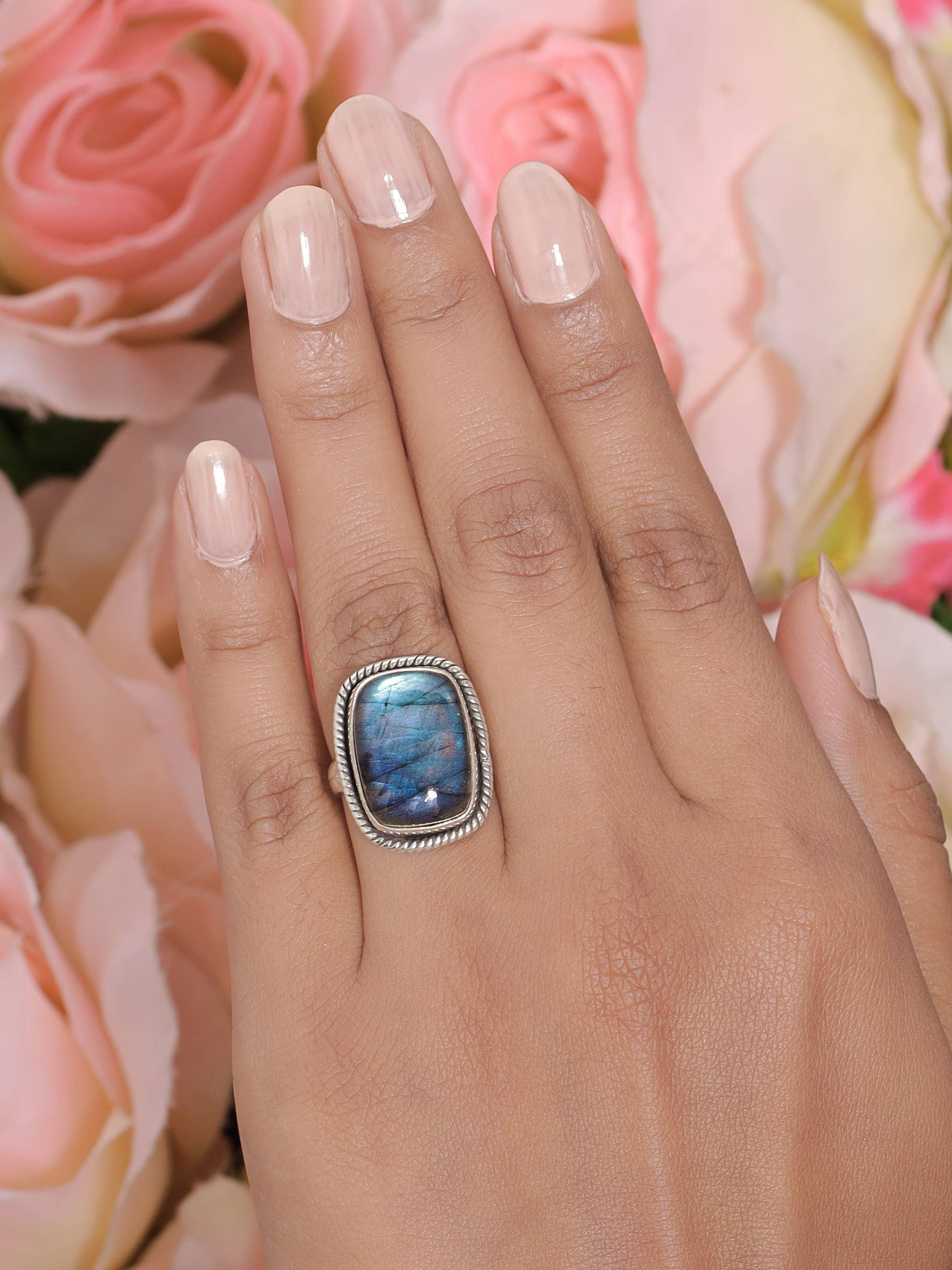 Labradorite 925 Sterling Silver Rope Edge Ring: 9