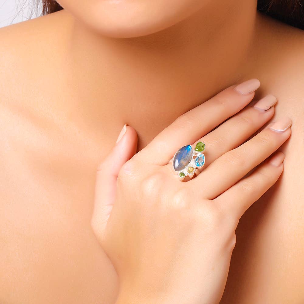 Labradorite Blue Topaz Multi Gemstone Sterling Silver Ring: 9