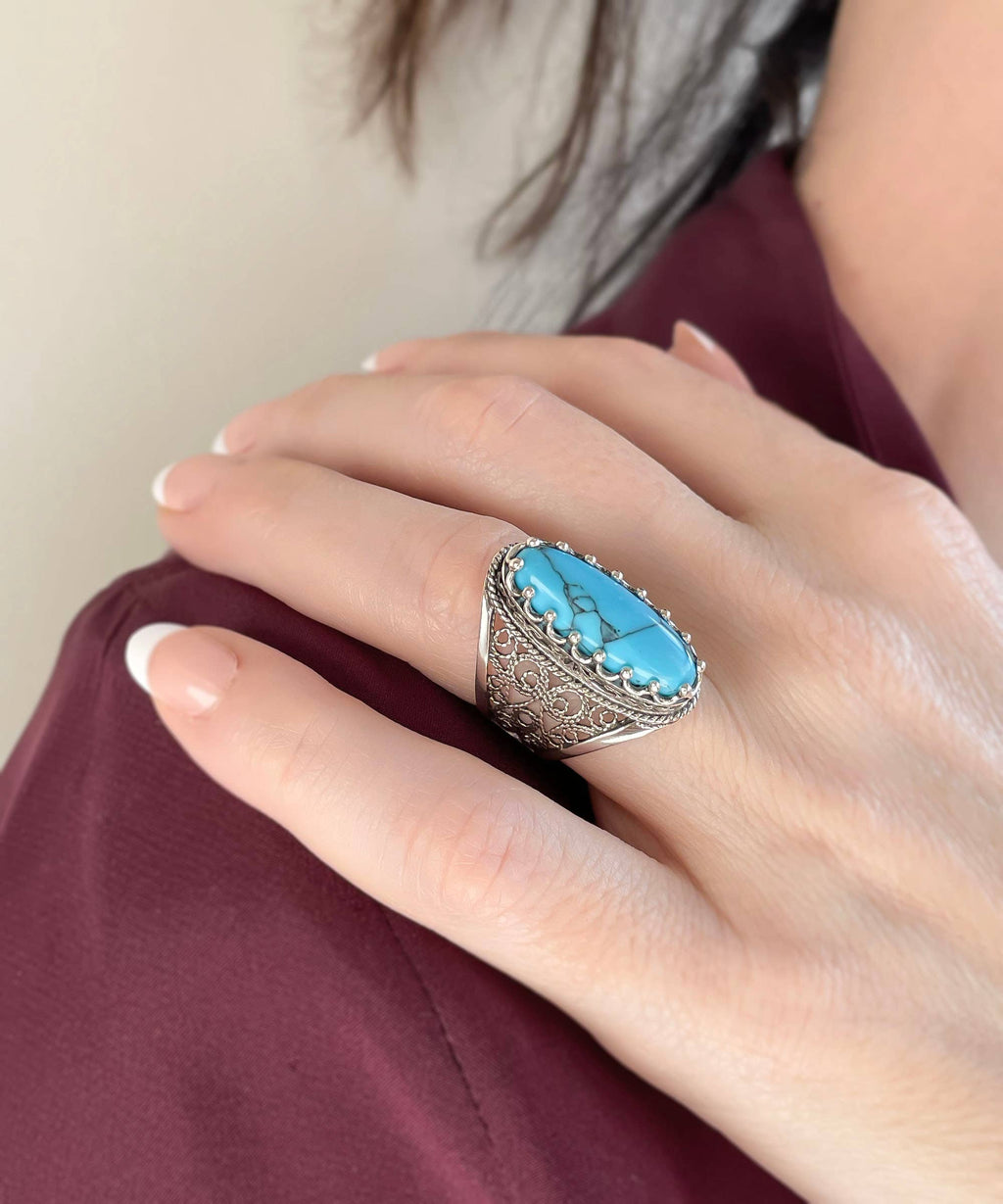Filigree Art Turquoise Gemstone Women Sterling Silver Long Statement Ring: Turquoise / 7