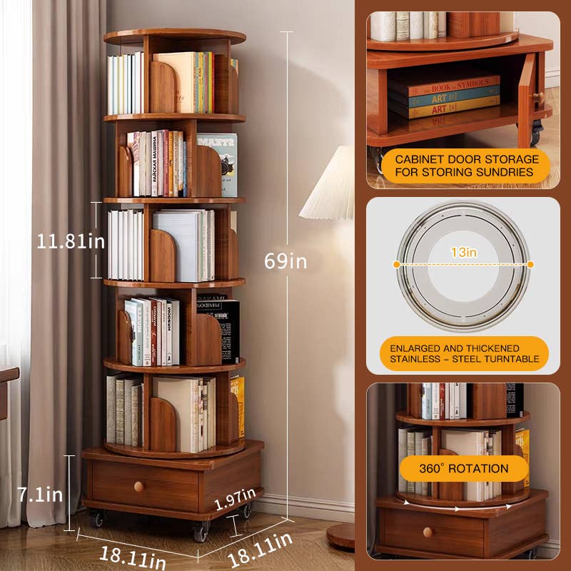 Rotating Wooden Bookcase with Storage Drawer,Swivel Design: White / 5-Tier