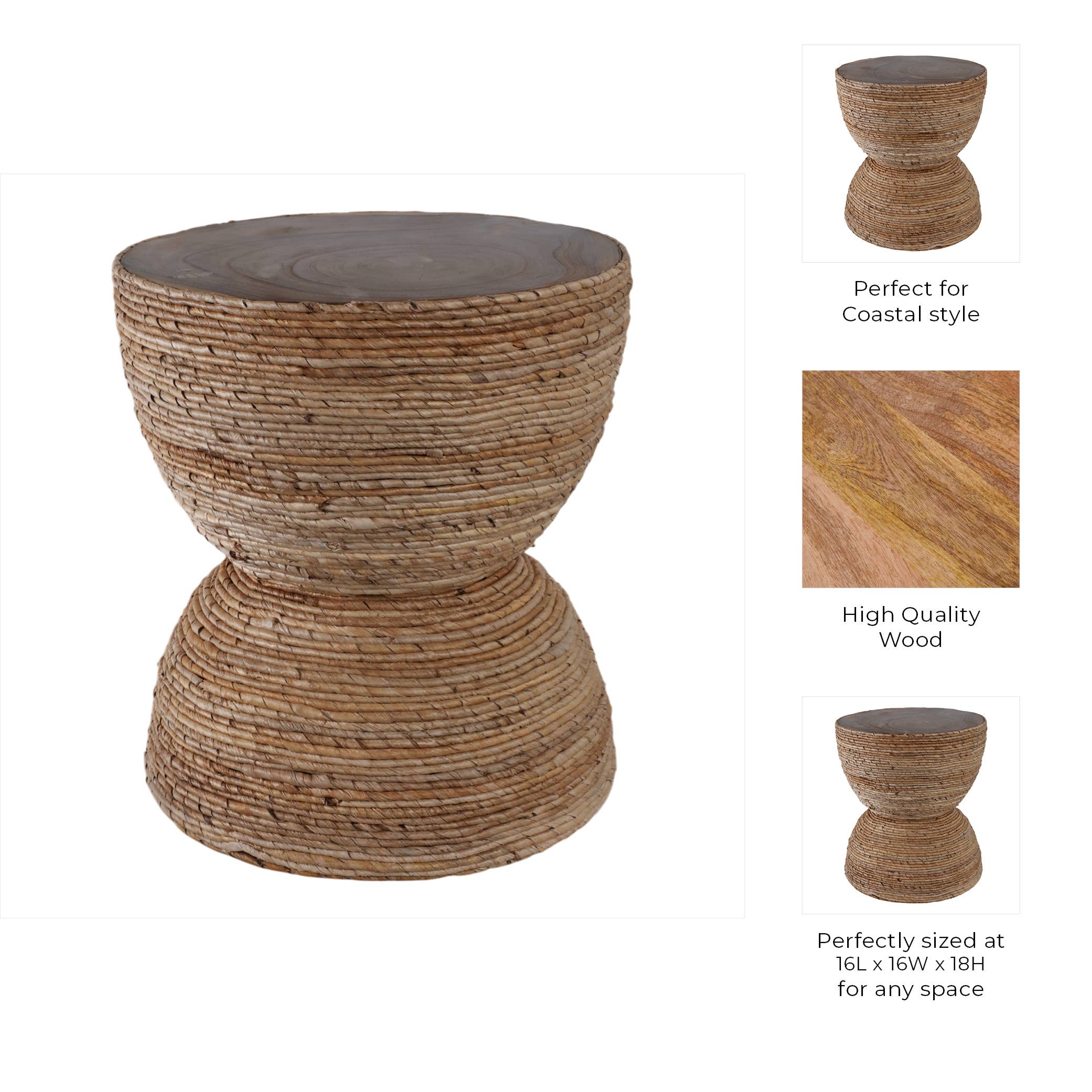 End Table - Brown Wood Woven Banana Leaf Design, 18 in.