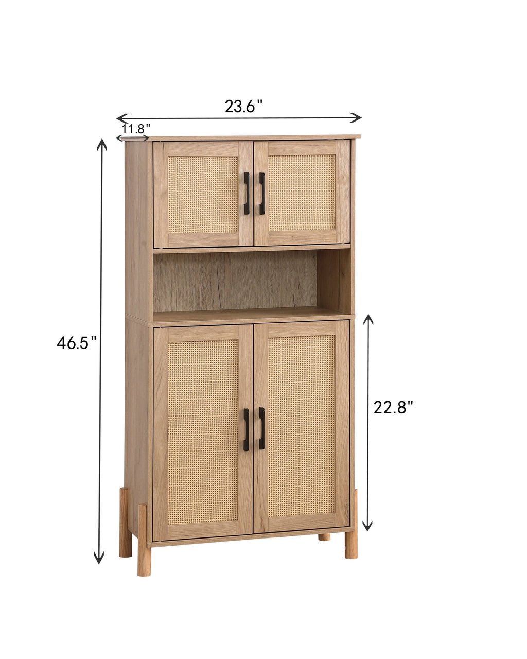 Mid-Century Modern 4-Door Storage Cabinet with Rattan Doors