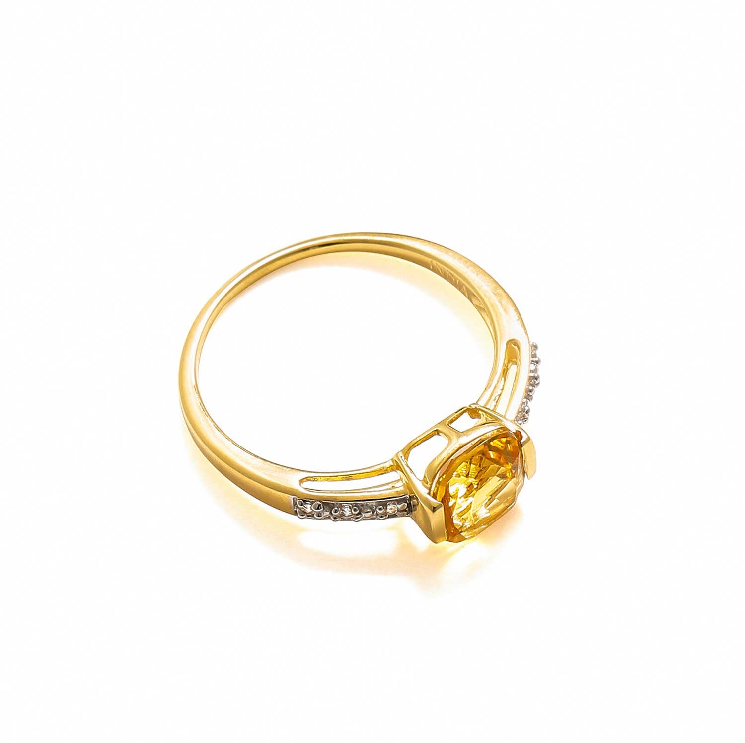 10K Yellow Gold Cushion-Cut Citrine Round White Topaz Ring: 8