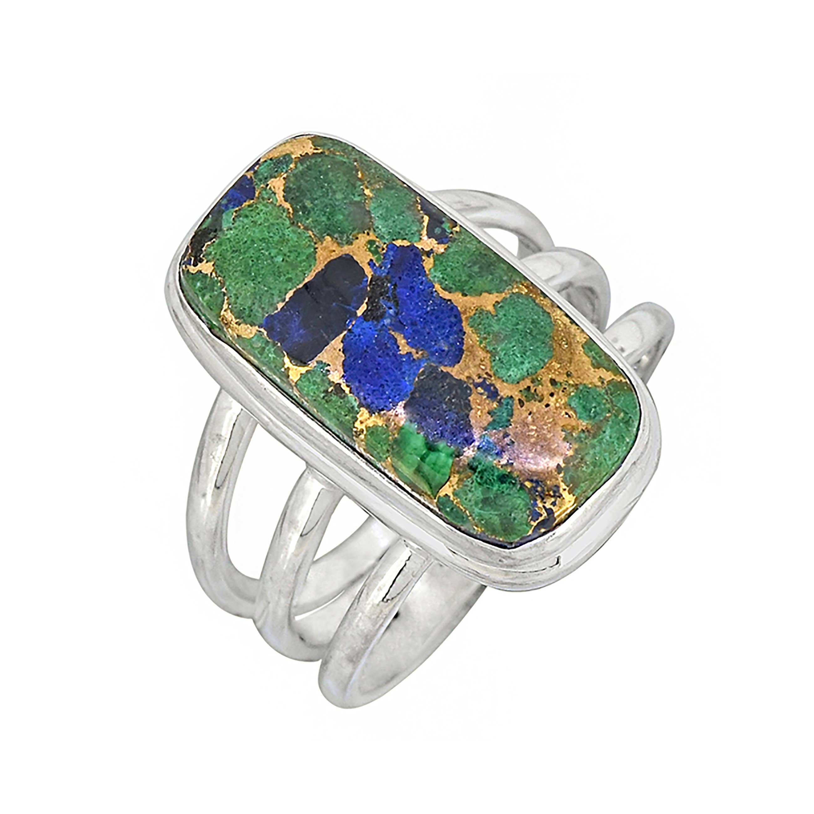 925 Sterling Silver Lapis Malachite Copper Bohemian Ring: 7