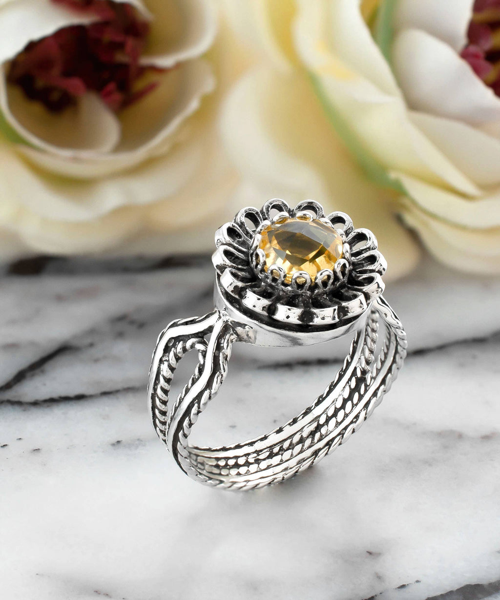Art Dainty Citrine Gemstone Women Silver Ring: 7
