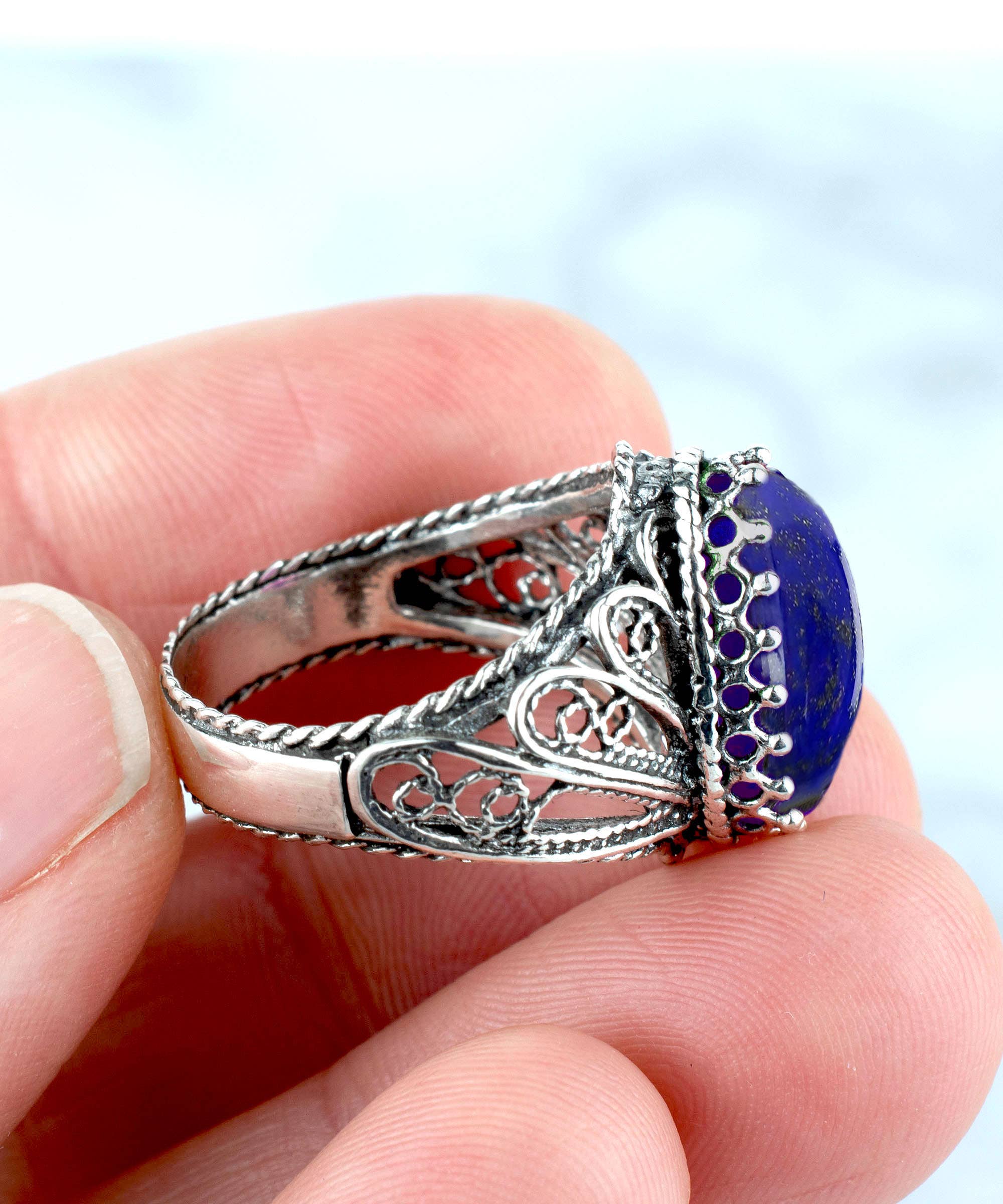 Art Lapis Lazuli Gemstone Angel Wings Women Silver Ring: 7