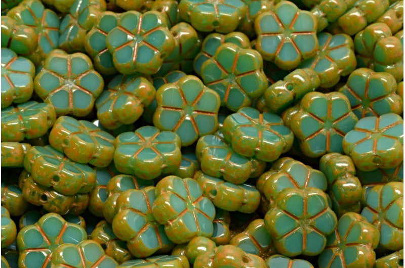 Table Cut Garland Flower Beads, Opal Green Orange Spotted (52020-33302), Glass, Czech Republic