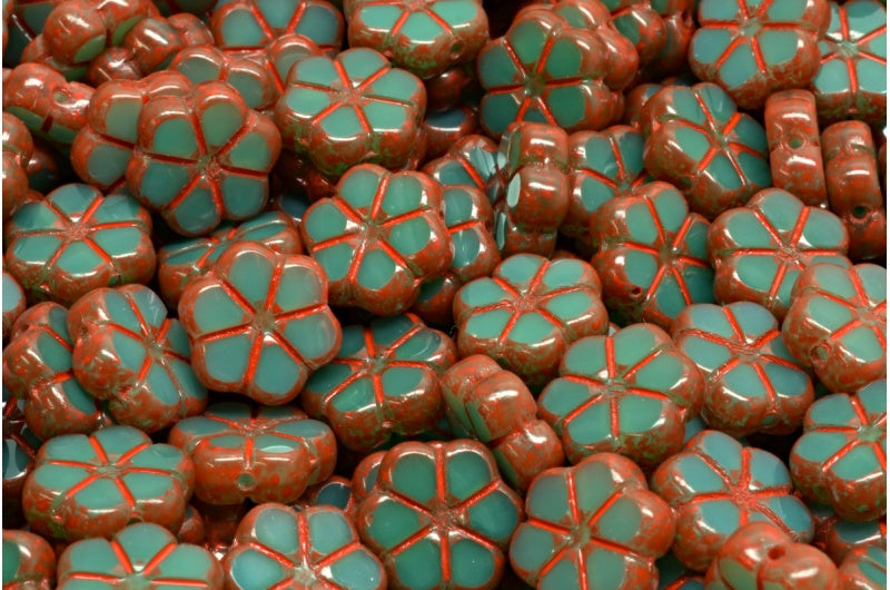 Table Cut Garland Flower Beads, Opal Green Beige Orange Spotted (52020-33307), Glass, Czech Republic