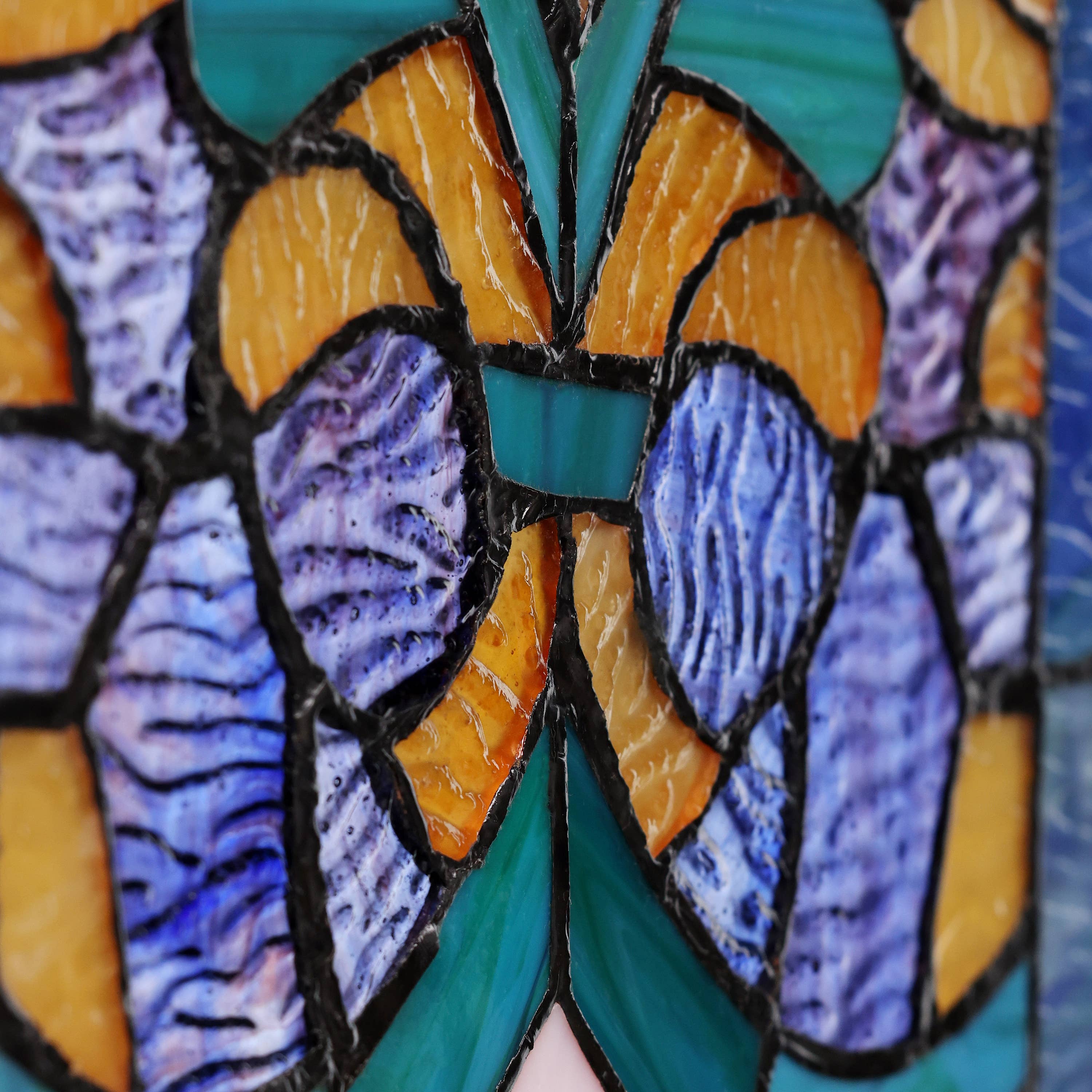36" Lani Victorian Fleur-De-Lis Stained Glass Window Panel: Blue