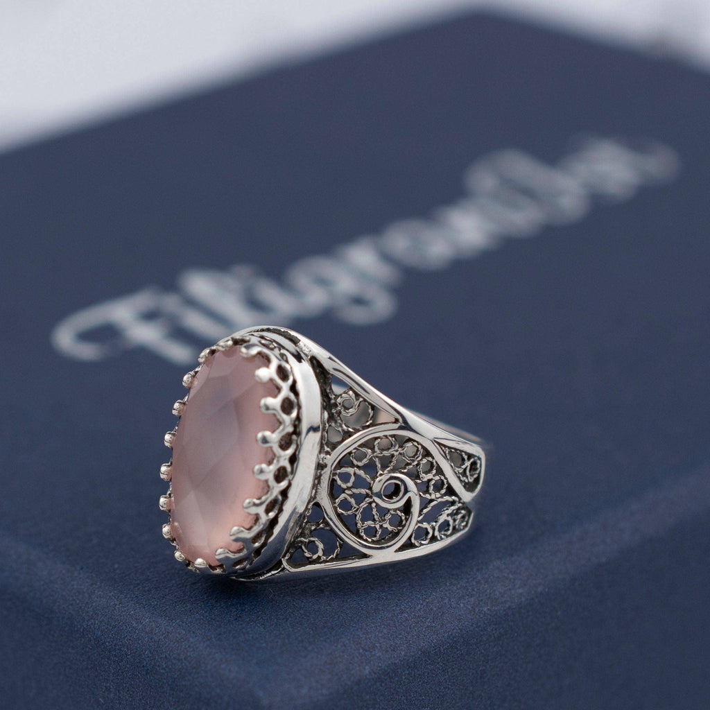 Art Pink Chalcedony Gemstone Women Silver Ring: Pink Chalcedony / 7