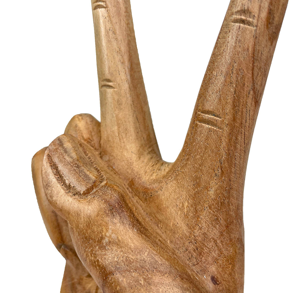 Carved Wood Peace Sign Hand Gesture Statue 7.75 Inch