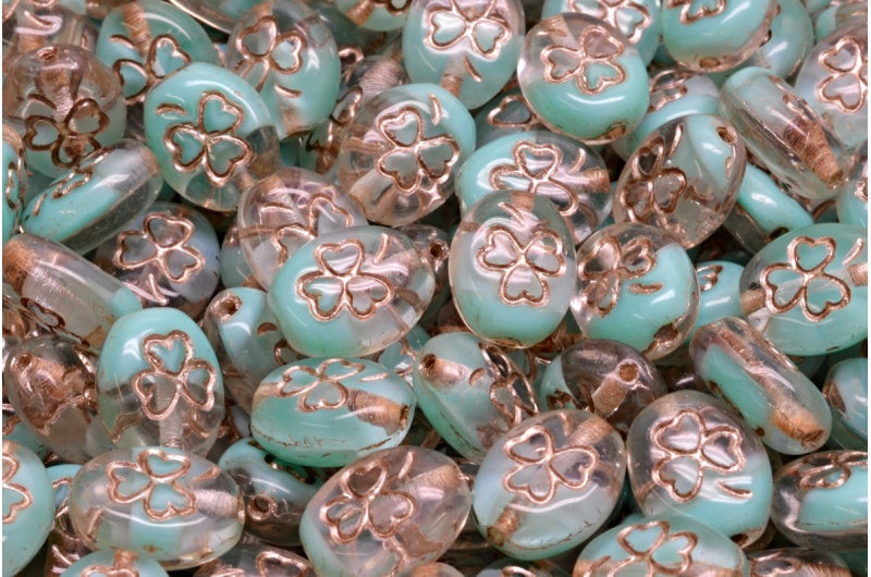 Shamrock Oval Beads, Teal Copper Lined (56218-54324), Glass, Czech Republic