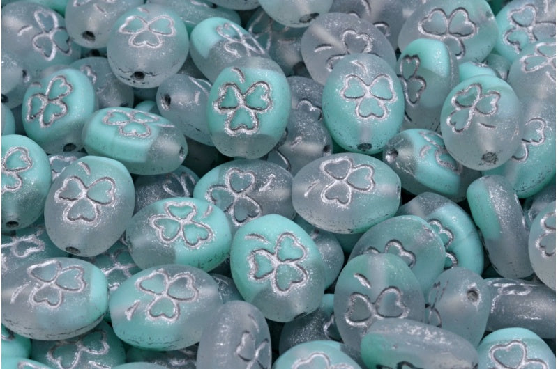 Shamrock Oval Beads, Teal Matte Silver Lined (56218-84100-54301), Glass, Czech Republic
