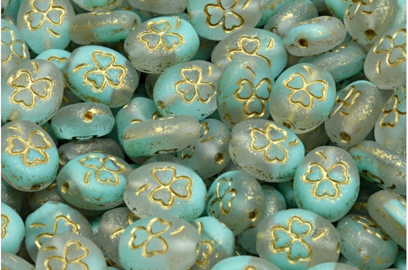 Shamrock Oval Beads, Teal Matte Gold Lined (56218-84100-54302), Glass, Czech Republic