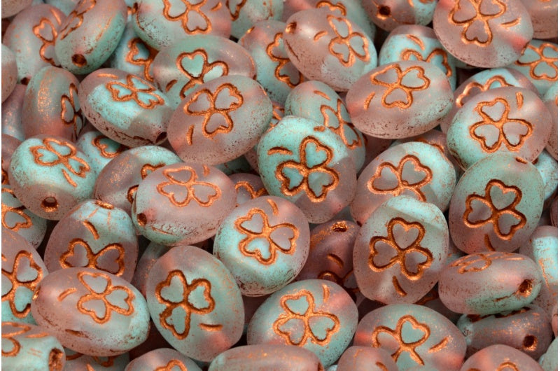 Shamrock Oval Beads, Teal Matte Copper Lined (56218-84100-54319), Glass, Czech Republic