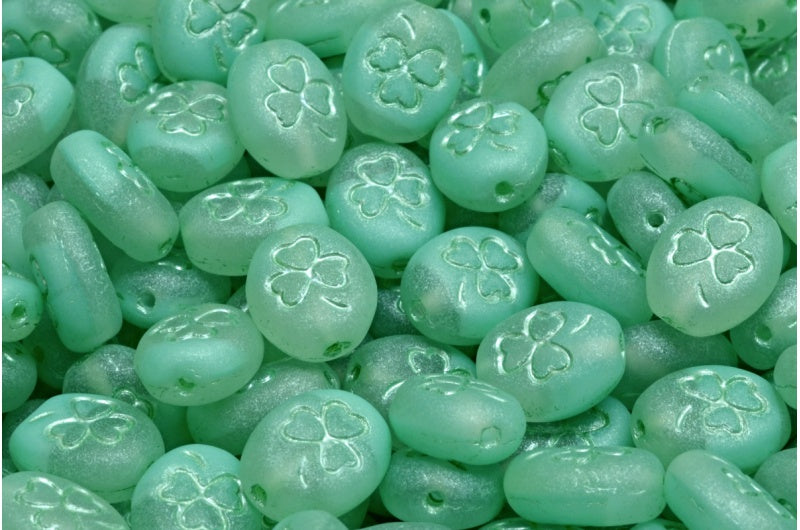 Shamrock Oval Beads, Teal Matte Green Lined (56218-84100-54322), Glass, Czech Republic