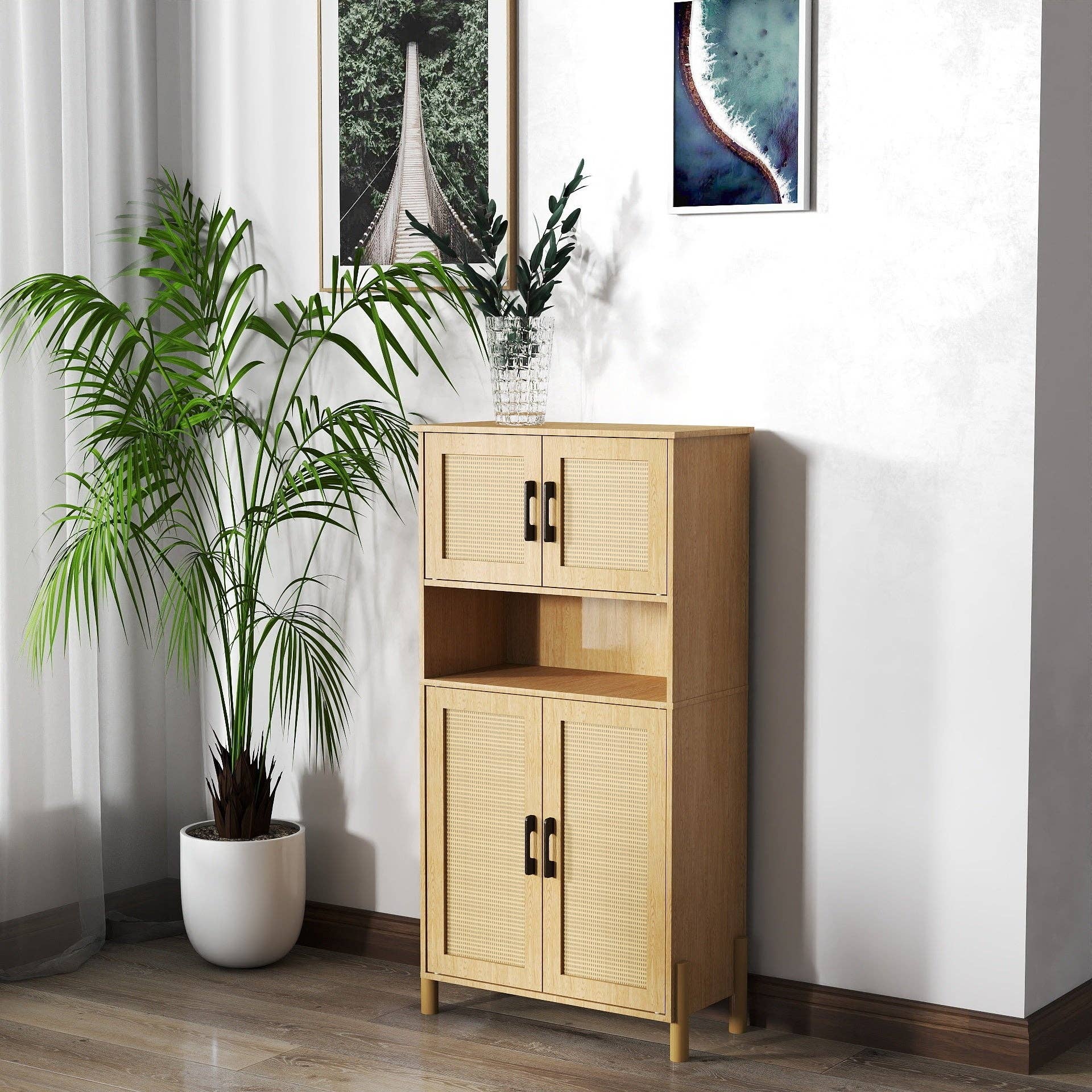 Mid-Century Modern 4-Door Storage Cabinet with Rattan Doors