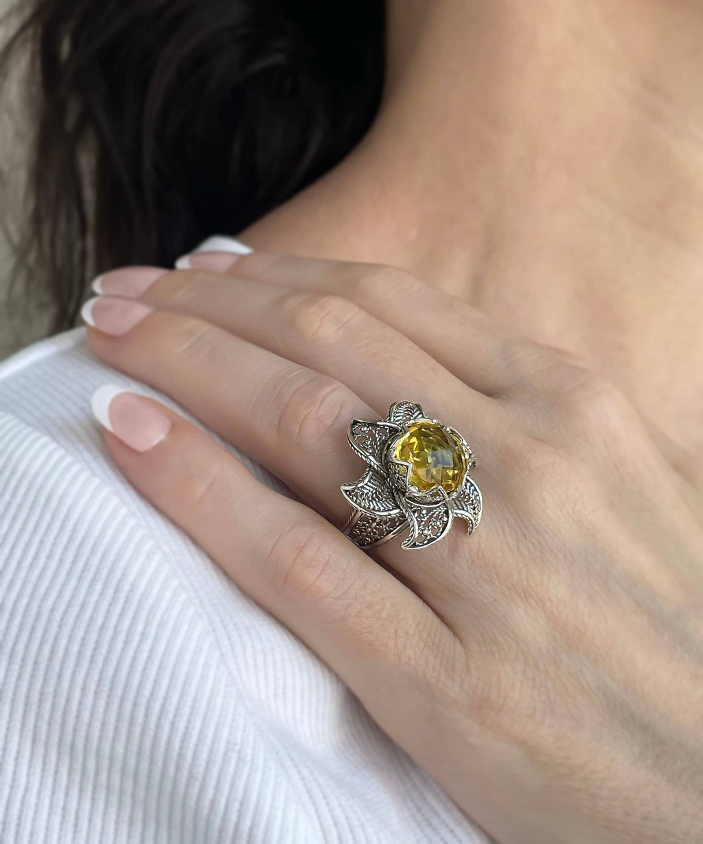 Art Lotus Flower Citrine Gemstone Women Silver Ring: 7