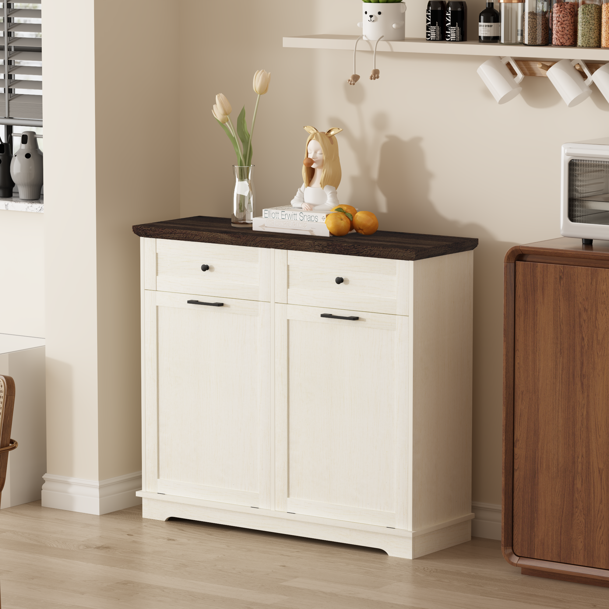20 Gallon Double Tilt Out Trash Can Cabinet Freestanding Trash Bin Cabinet Wood Garbage Recycling Cabinet with Hideaway Drawer Pet Proof Trash Can Holder for Kitchen Living Room, Antique White: Default