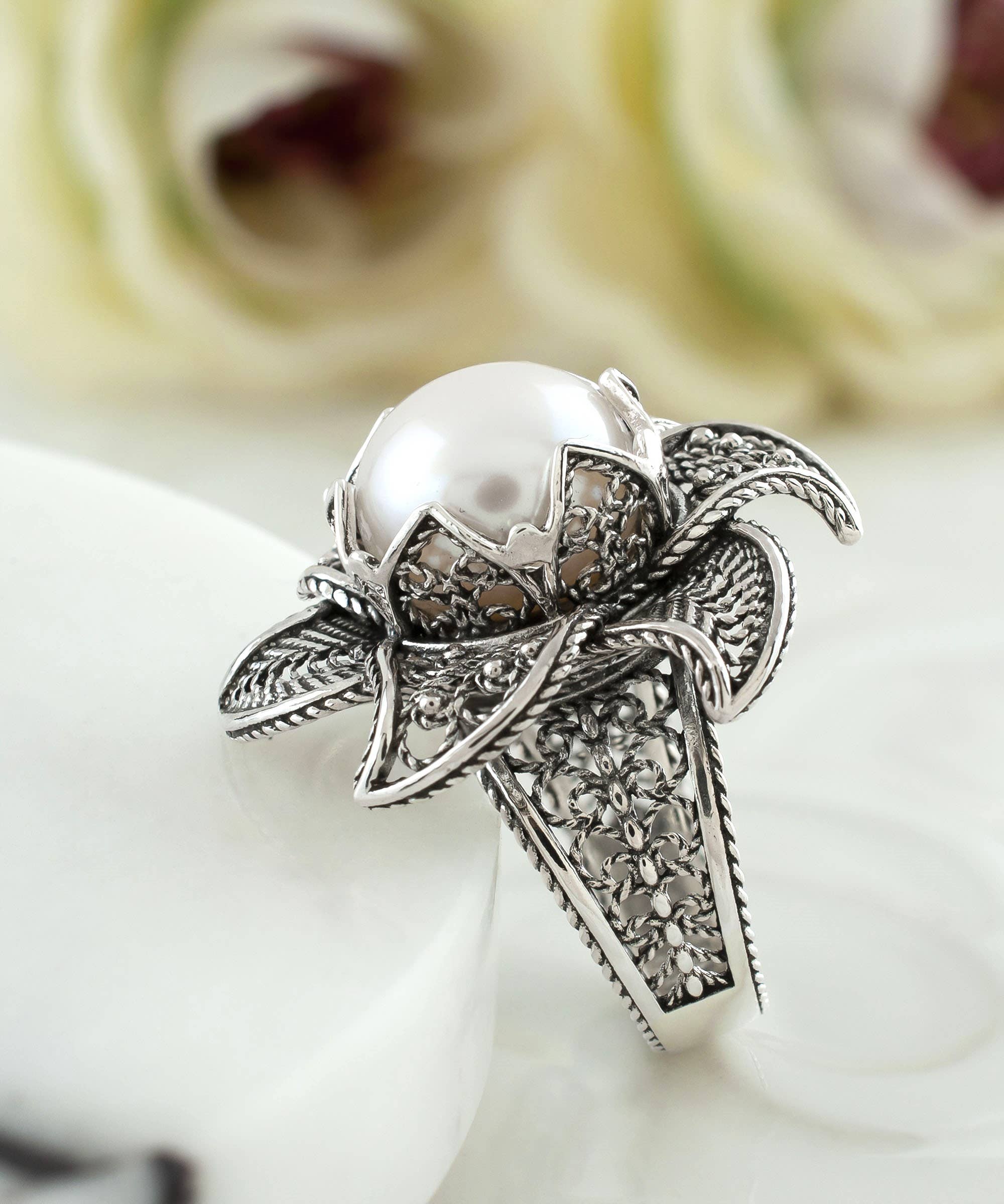 Art Lotus Flower Fresh Water Pearl Women Silver Ring: 8