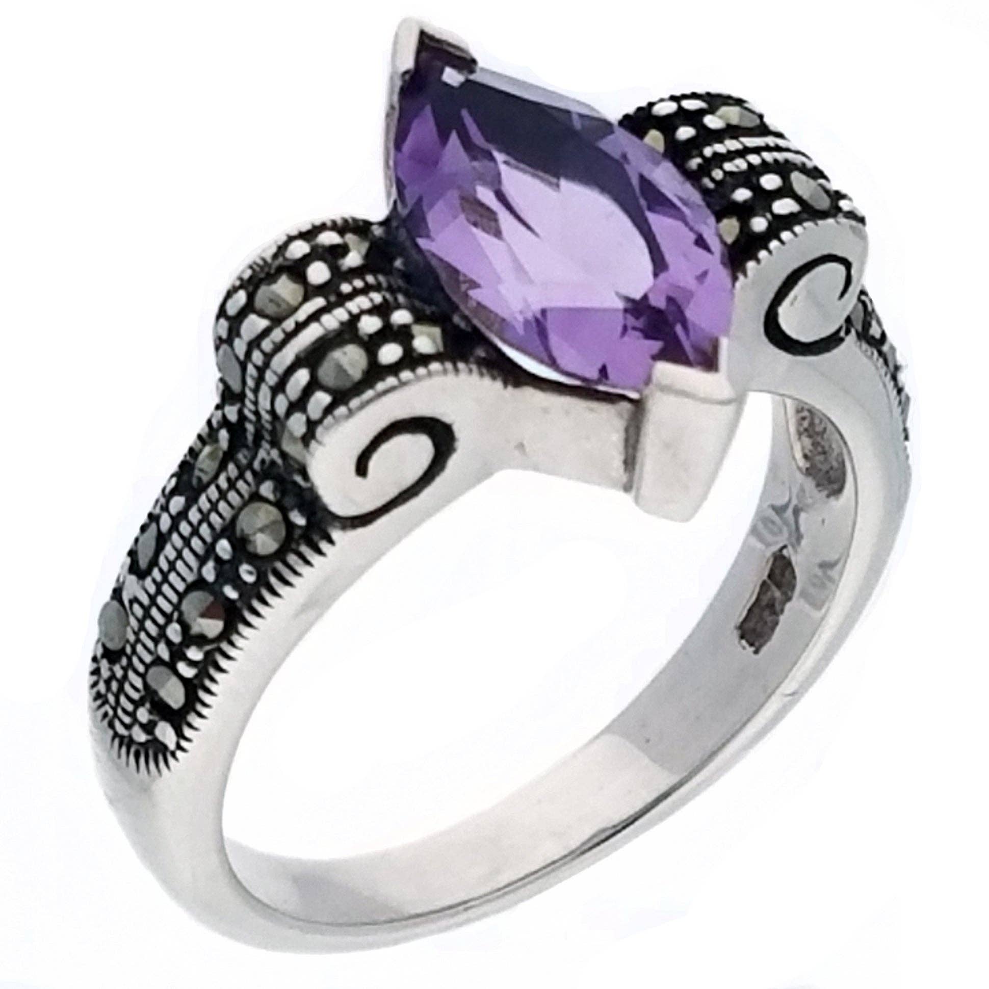 Genuine Marquise Amethyst and Marcasite Sterling Silver Ring: 9