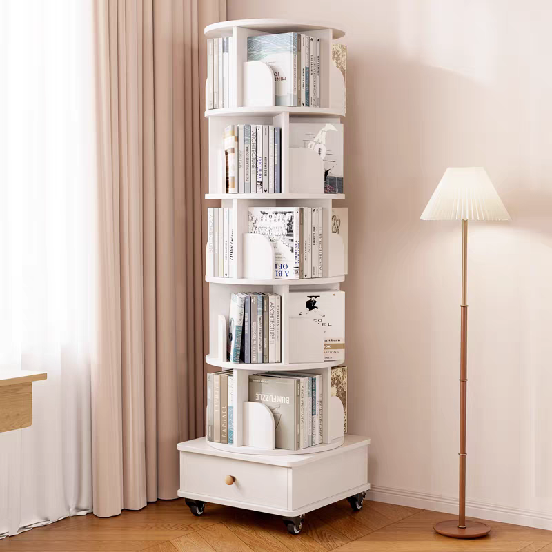 Rotating Wooden Bookcase with Storage Drawer,Swivel Design: White / 5-Tier