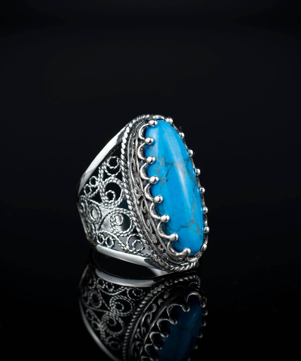 Filigree Art Turquoise Gemstone Women Sterling Silver Long Statement Ring: Turquoise / 7