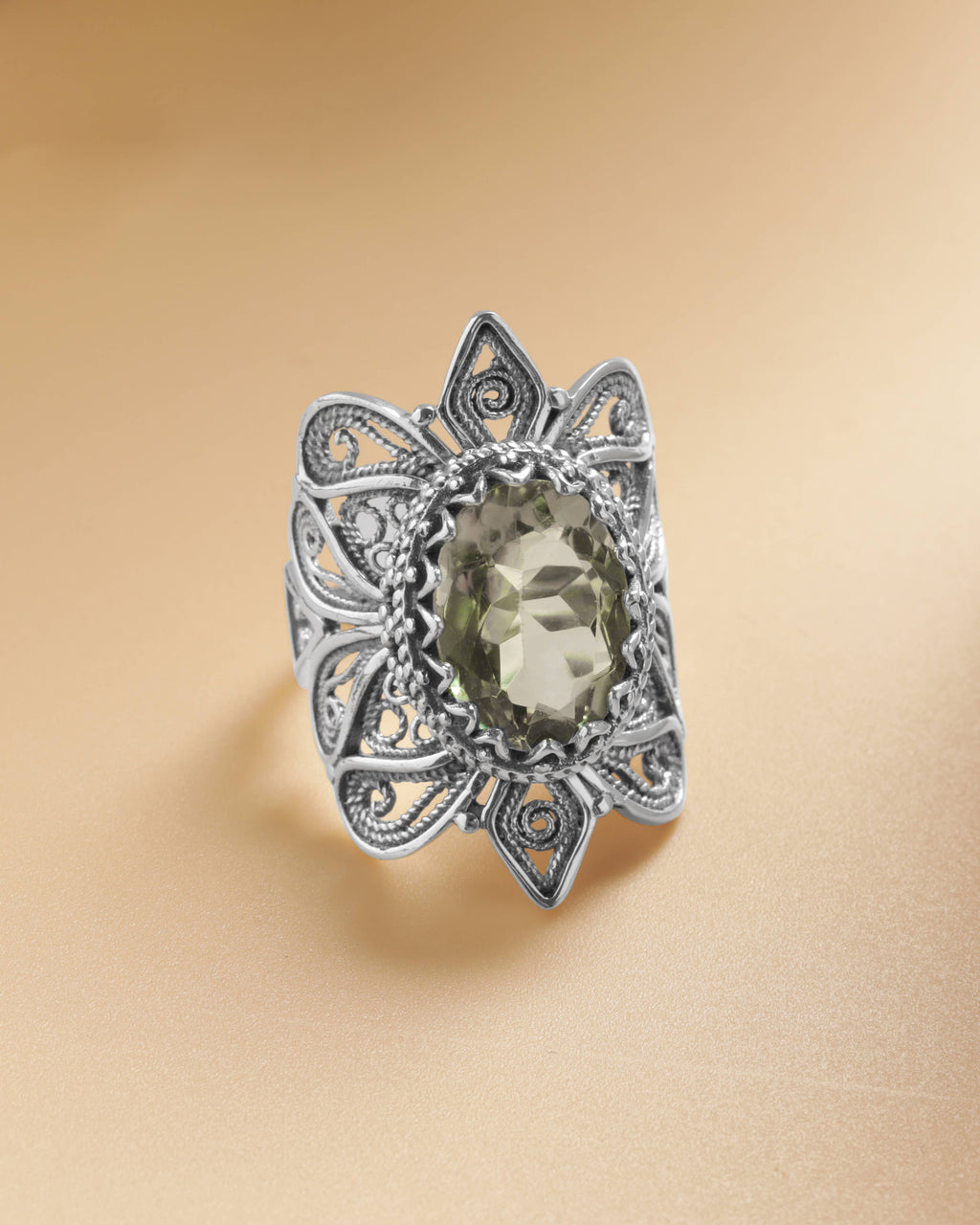 Sterling Silver Prasiolite Statement Verdant Lace Ring: 8