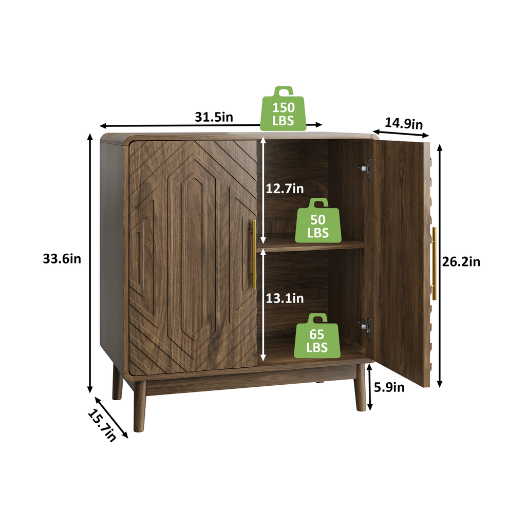 Retro Industrial Walnut Sideboard Buffet -2 Carved Doors: Default
