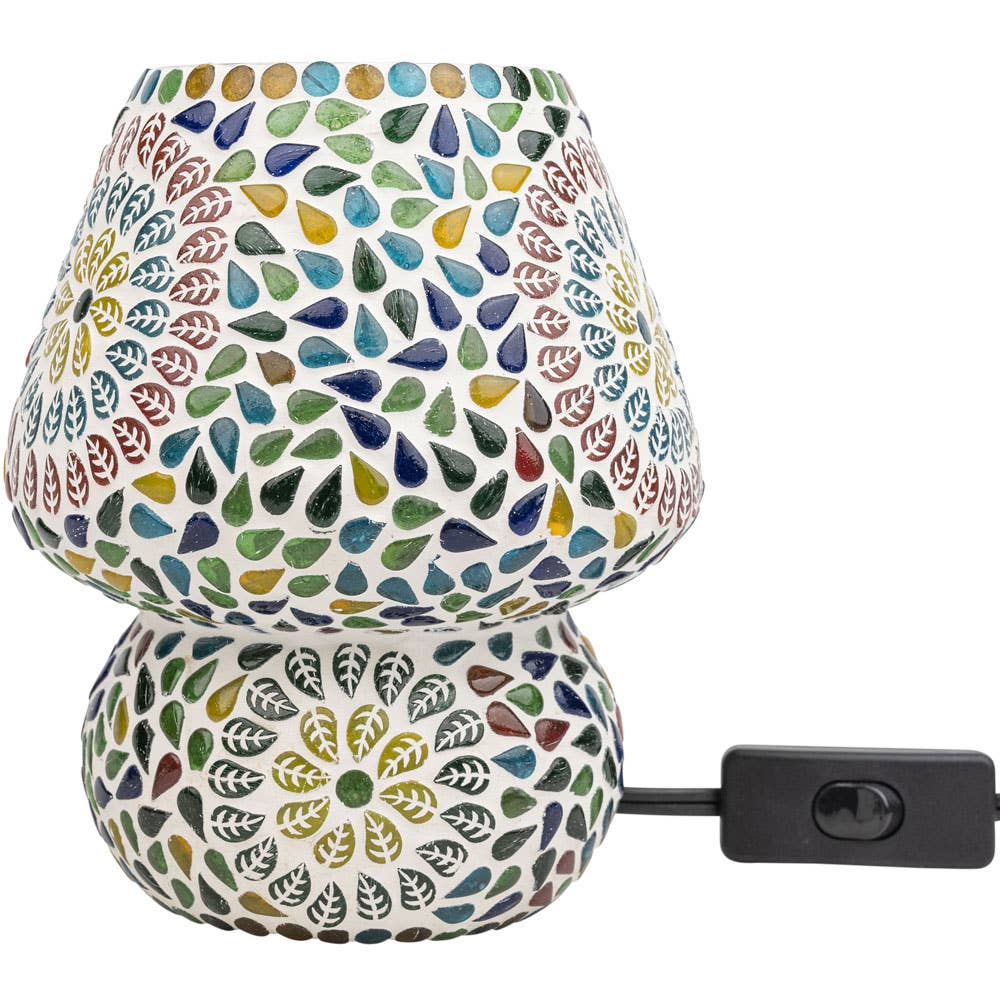 A double-tiered mosaic table lamp with a black power switch cord, featuring a colorful hand-painted leaf pattern on a white ceramic base, isolated on a white background.
