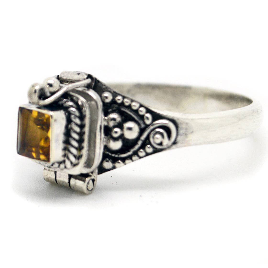 Sterling Silver Square Gemstone Poison Box Locket Ring: Citrine / 6